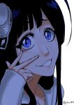  1boy :d akanbe awehu black_hair bleach bleach:_sennen_kessen-hen blue_eyes blunt_bangs commentary_request dark dress eyelashes eyelid_pull giselle_gewelle grin hair_over_shoulder hand_up hat highres long_hair looking_at_viewer male_focus mini_hat nose peaked_cap portrait sidelocks simple_background sleeves_past_wrists smile solo tareme tongue tongue_out trap twitter_username w white_background white_dress white_hat 