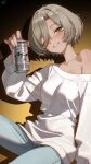  1girl absurdres beer_can breasts brown_hair can commentary_request dark-skinned_female dark_skin denim drink_can girls_band_cry green_eyes hair_over_one_eye highres holding holding_can jeans looking_at_viewer mole mole_under_eye off-shoulder_sweater off_shoulder pants ribbed_sweater rupa_(girls_band_cry) short_hair signature single_bare_shoulder smile solo sweater white_sweater xi_cccii 