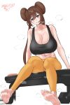  1girl abs absurdres alternate_costume arm_support bare_shoulders barefoot black_sports_bra blue_eyes blush breasts brown_hair cleavage commentary_request dated donut_hair_bun double_bun dumbbell feet grin hair_bun head_tilt highres hinahoshipple huge_breasts long_hair navel on_bench pants pokemon pokemon_black_2_and_white_2 rosa_(pokemon) simple_background smile soles solo sports_bra sweat twintails very_long_hair weight_bench white_background yoga_pants 
