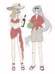  1boy 1girl absurdres alternate_hairstyle bandaid bare_arms bare_legs bare_shoulders barefoot bikini blonde_hair bottle breasts bruise cigar coconut coconut_cup flower front-tie_bikini_top front-tie_top fruit_as_cup green_eyes grey_hair hair_flower hair_ornament hair_over_one_eye hawaiian_shirt highres injury jewelry large_breasts limbus_company lucio_(project_moon) millaligusticum mother_and_child mother_and_son navel necklace parent_and_child project_moon purple_eyes red_bikini red_sarong sarong shirt shorts swimsuit valencina_(project_moon) wine_bottle 