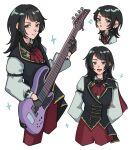  1girl :d aqua_eyes arm_belt arms_behind_back ascot bang_dream! bang_dream!_it's_mygo!!!!! bang_dream!_our_notes bass_guitar black_gloves black_hair black_vest brooch crescent crescent_earrings earrings expressionless gloves gold_trim highres holding holding_bass_guitar holding_instrument instrument jewelry lapels long_sleeves looking_at_viewer medium_hair multiple_views pants parted_lips red_ascot red_pants shirt simple_background smile solo sparkle sparkling_aura vest w_(juusepx) white_background white_shirt yahata_umiri 