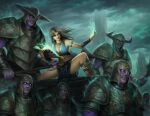  1girl 6+boys arm_guards armlet armor blue_eyes blue_shirt blue_skirt bracer breasts brown_hair castle cleavage clenched_teeth collar colored_skin crop_top cuirass earrings energy fake_horns glowing glowing_eyes gold_earrings helmet holding holding_staff horned_helmet horns jewelry knee_guards large_breasts lips long_hair magic multiple_boys ooquant-2 original outdoors overcast pauldrons pelvic_curtain purple_skin shirt shoulder_armor silver_armlet skirt sky smile spread_legs staff teeth thighs 