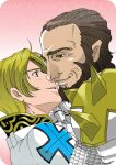  2boys arch_bishop_(ragnarok_online) armor beard blonde_hair blue_eyes brown_eyes brown_hair commentary_request facial_hair gauntlets hand_on_own_chin imminent_kiss kawamoto_yuutarou male_focus mature_male multiple_boys open_mouth pauldrons pink_background ragnarok_online rune_knight_(ragnarok_online) short_hair shoulder_armor smile spiked_pauldrons spikes upper_body yaoi 