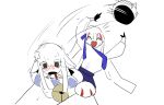  2girls :d @_@ ^^^ ^_^ animal_costume animal_ears bell blue_necktie blue_ribbon blush cat_costume closed_eyes coat coat_on_shoulders commentary d: embarrassed floppy_ears flower hair_flower hair_ornament hair_ribbon japan_(kokkimusume) jingle_bell kokkimusume laughing long_hair long_sleeves lop_rabbit_ears mascot_costume mascot_head motion_lines multicolored_hair multiple_girls neck_bell necktie nervous_sweating open_mouth personification ra_(ppfjvdjudk54073) rabbit_ears red_eyes red_streaks removing_headwear ribbon shirt sidelocks simple_background smile streaked_hair sweat tears thick_eyelashes throwing trembling united_states_(kokkimusume) untranslatable_commentary upper_body v-shaped_eyebrows white_background white_hair white_shirt 