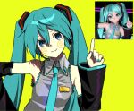  1girl aqua_hair aqua_nails aqua_trim bare_shoulders black_sleeves blue_eyes blue_hair blue_nails blue_necktie blush_spirals blush_stickers breasts collared_shirt commentary detached_sleeves double-parted_bangs frilled_shirt frills game_screenshot_inset green_background grey_shirt hair_between_eyes hair_ornament hand_on_own_hip hatsune_miku head_tilt headset highres long_hair looking_at_viewer necktie pippinbear pointing pointing_up screenshot_inset shirt simple_background small_breasts smile solo tattoo tie_clip twintails upper_body vocaloid 