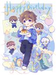  ! !! >_< 1boy :q animification balloon black_pants black_shoes blue_eyes blue_jacket blue_skin border box brown_hair chibi chibi_inset chinese_commentary closed_mouth colored_skin commentary_request crossed_arms eyepatch flower flower_wreath food fork full_body gift gift_box happy_birthday head_wreath headband highres holding holding_fork hood hood_down hooded_shirt jacket jay_(ninjago) jiang_(lofter_2898957235) long_sleeves looking_at_viewer male_focus ninjago no_freckles open_clothes open_jacket outline outside_border pants party_popper pink_flower pudding shirt shoes short_hair smile sneakers sparkle speech_bubble spoken_exclamation_mark the_lego_ninjago_movie tongue tongue_out white_border white_hair white_shirt yellow_headband yellow_outline 