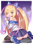  1girl :p ;p antenna_hair ass ass_focus azure_striker_gunvolt bare_shoulders black_skirt black_thighhighs blonde_hair blush bow candy casual commentary commission commissioner_upload contemporary cougar_(cougar1404) food from_behind full_body green_eyes gunvolt_records_cychronicle hair_between_eyes hair_bow high_ponytail jacket licking licking_food lollipop long_hair looking_at_viewer lumen_(gunvolt) multi-source_commentary multicolored_hair night no_panties official_alternate_costume one_eye_closed pink_hair ponytail shoes sitting skeb_commission skirt sneakers solo thighhighs tongue tongue_out two-tone_hair very_long_hair wariza 