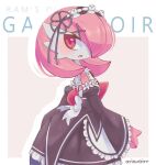  1girl bellavoirr blush character_name colored_skin cosplay cross_hair_ornament detached_sleeves gardevoir hair_ornament hair_over_one_eye looking_at_viewer maid multicolored_skin pink_eyes pink_hair pink_skin pokemon pokemon_(creature) ram_(re:zero) ram_(re:zero)_(cosplay) re:zero_kara_hajimeru_isekai_seikatsu simple_background two-tone_skin white_skin 