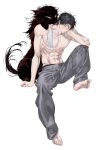  1boy abs absurdres arm_support barefoot black_hair blush chamuring character_request collarbone commentary_request full_body grey_pants han_maru highres invisible_chair korean_commentary looking_at_viewer male_focus male_underwear male_underwear_peek muscular muscular_male pants pectorals simple_background sitting soles solo special_civil_servant sweat sweatpants towel towel_around_neck underwear white_background 