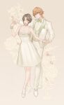  1boy 1girl absurdres alternate_costume black_hair blonde_hair blue_eyes bow bowtie closed_eyes closed_mouth commentary dress english_commentary final_fantasy final_fantasy_xvi floral_background formal_clothes full_body green_bow green_bowtie grey_background height_difference high_heels highres holding_hands joshua_rosfield jote_(ff16) looking_at_another moi_(moimoi) open_mouth pants shoes short_hair sleeveless sleeveless_dress smile suit white_dress white_pants white_shoes 