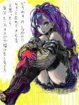  1girl :o bad_drawr_id bad_id bare_shoulders black_shirt black_thighhighs blue_skirt boots bright_pupils copyright_request detached_sleeves gloves hairband hand_on_own_arm hugging_own_legs jonpei knees_up long_hair miniskirt oekaki open-toe_boots open_mouth panties pantyshot purple_boots purple_hair red_gloves red_hairband ribbed_sleeves shirt skirt sleeveless sleeveless_shirt solo thighhighs underwear white_panties white_pupils yellow_background 