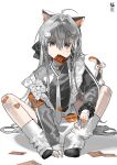  1girl absurdres ahoge animal_ears apron armband bandaid bandaid_on_knee bandaid_on_leg bandaid_on_thigh between_legs black_scrunchie black_shoes bow braid calico_(pattern) candy cat_ears cat_girl cat_hair_ornament cat_tail dot_nose double-parted_bangs double_vertical_stripe fingernails food food-themed_hair_ornament frilled_apron frills full_body grey_eyes grey_hair grey_jacket hair_between_eyes hair_bow hair_intakes hair_ornament hair_spread_out hairclip hand_between_own_legs hand_on_ground heart heart_print highres holding holding_candy holding_food holding_lollipop jacket jersey_maid jewelry leaning_forward leg_warmers lollipop long_hair long_sidelocks long_sleeves looking_down maid maid_apron necktie orange_armband original paper_in_mouth pizza_hair_ornament ribbon ring scrunchie shaded_face shoes side_braid sidelocks simple_background single_braid sitting solo spread_legs straight-on sweatdrop tail tail_ornament tail_ribbon track_jacket unconventional_maid v-shaped_eyebrows very_long_hair waist_apron wazawai_(isotwen) white_background white_leg_warmers white_necktie wrist_scrunchie zipper_pull_tab 