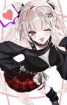 1girl :p ;p akanbe alternate_breast_size_(larger) bandaid bandaid_on_leg bare_shoulders belt black_belt black_leg_warmers blush braid breasts commentary_request double-parted_bangs eyelid_pull eyewear_on_head facial_mark foot_out_of_frame from_above heart heart_facial_mark highres honkai:_star_rail honkai_(series) large_breasts leg_warmers long_sleeves looking_at_viewer miniskirt multicolored_hair official_alternate_costume official_alternate_hairstyle one_eye_closed pink_eyes red_skirt simple_background skirt solo sparkle_(honkai:_star_rail) sparxie_(candy-coated_waves)_(honkai:_star_rail) sparxie_(honkai:_star_rail) speech_bubble spoken_heart standing sunglasses thigh_strap tongue tongue_out twintails two-tone_hair unimaru_sann 