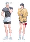  2boys 5454_pnl akaashi_keiji black_hair bokuto_koutarou closed_mouth commentary_request compression_shirt corrupted_twitter_file couple covered_pectorals full_body grey_hair haikyuu!! hand_on_own_hip highres jacket jewelry korean_commentary male_focus multicolored_hair multiple_boys necklace no_shoes pectorals red_ribbon ribbon ring ring_necklace shoes short_hair shorts simple_background socks standing thermal_underwear track_jacket two-tone_hair wedding_ring white_background white_shoes white_shorts white_socks yaoi yellow_jacket 