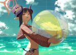  1girl absurdres ball beachball bikini black_hair blue_archive blue_bikini blush brown_halo brown_shirt chiaki_(blue_archive) chiaki_(swimsuit)_(blue_archive) cloud commentary_request cropped_shirt demon_girl demon_horns fishnet_top fishnets hair_bun hair_ornament hair_scrunchie halo highres holding holding_ball holding_beachball horns long_hair long_sleeves matsumoto_yutaka ocean official_alternate_costume official_alternate_hairstyle partial_commentary pointy_ears red_eyes ring_of_light_(blue_archive) scrunchie shirt sky solo swimsuit yellow_scrunchie 