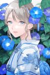  1girl blue_eyes blue_flower brown_hair bud bush commentary floral_print floral_print_kimono flower from_side hair_bun japanese_clothes kimono leaf looking_at_viewer looking_to_the_side morning_glory nozawa_(nooo1709) original parted_lips pink_lips print_kimono single_hair_bun solo striped_clothes striped_kimono turning_head twitter_username upper_body vertical-striped_clothes vertical-striped_kimono water_drop watermark white_kimono 
