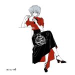  1girl breasts commentary_request crossed_legs dated elbow_rest full_body greyscale high-waist_skirt high_heels holding holding_paper invisible_chair linjie long_skirt meitantei_conan miyano_shiho monochrome paper puffy_short_sleeves puffy_sleeves reading short_hair short_sleeves sitting skirt small_breasts solo spot_color two-sided_fabric two-sided_skirt 