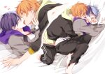  2boys anal aoyagi_touya aruke_(rk_prsk) barefoot bed_sheet blonde_streaks blue_hair blush closed_eyes commentary_request earrings eye_contact french_kiss green_eyes grey_eyes half-closed_eyes hood hooded_jacket hoodie jacket jewelry kiss looking_at_another looking_at_viewer male_focus male_penetrated multicolored_hair multiple_boys multiple_views open_clothes open_jacket open_mouth orange_hair pants project_sekai saliva sex shinonome_akito shirt short_hair sidelocks sleeves_past_wrists split-color_hair streaked_hair t-shirt tongue tongue_out two-tone_hair yaoi yellow_eyes 