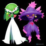  2girls absurdres artist_name black_background bob_cut colored_skin dress earrings gardevoir ghost glowing_shark green_hair green_skin hat highres jewelry mismagius multicolored_skin multiple_girls one_eye_closed pink_eyes pokemon pokemon_(creature) potara_earrings simple_background two-tone_skin white_dress white_skin witch_hat 