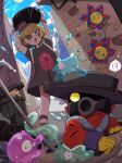  !? 1girl 1other :o ^^^ bag bemani black_hat black_shirt blue_eyes blue_flower brown_hair cat commentary_request day eyepatch flower gas_mask gekiyasu_no_dendou genes_(pop'n_music) gloves green_eyes hat highres holding lead_pipe long_sleeves manhole manhole_cover mask nurse_cap open_mouth outdoors pink_hat pop'n_music raincoat red_flower red_raincoat shirt shishamo_(pop'n_music) short_hair short_sleeves slime_(creature) small_sweatdrop speech_bubble the_tower_(pop'n_music) trash_bag trash_can white_bag white_gloves white_hat yakko-chan yellow_eyes yellow_gloves yummy_(pop'n_music) 