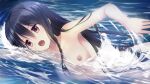  1girl black_hair bow braid breasts brown_eyes collarbone completely_nude from_side game_asset green_bow hair_bow kamitsure_~7_no_nijou_fushigi~ long_hair mizuki_kotora multiple_hair_bows nipples non-web_source nude open_mouth self-datamine skinny_dipping small_breasts solo swimming twin_braids water water_drop yurigaoka_nanami 