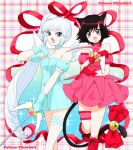  2girls aizawa_mint animal_ears bare_shoulders bell bell_bow black_hair blue_dress blue_eyes blue_gloves boots bow cat_ears cat_girl cat_tail clip_studio_paint_(medium) commentary cosplay detached_sleeves dress english_commentary eyelashes glint gloves grey_eyes heart highres holding holding_scythe holding_sword holding_weapon jingle_bell kemonomimi_mode long_hair magical_girl mew_ichigo mew_ichigo_(cosplay) mew_mint mew_mint_(cosplay) momomiya_ichigo multiple_girls open_mouth patreon_username pink_dress plaid_background ponytail puffy_short_sleeves puffy_sleeves rapier red_boots red_bow red_gloves red_ribbon ribbon ruby_rose rwby scar scar_across_eye scar_on_face schrwby scythe short_hair short_sleeves side_ponytail standing standing_on_one_leg sword tail tail_bow tail_ornament thigh_strap tokyo_mew_mew very_long_hair weapon weiss_schnee white_hair white_wings wings 