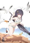  1girl absurdres ahoge beach bikini bird black_hair blue_archive blunt_bangs blunt_ends blush braid breasts bright_pupils commentary_request crocs eyes_visible_through_hair flying_sweatdrops full_body furrowed_brow grey_halo gun halo hat hat_on_back highres holding holding_gun holding_weapon leaf leaf_on_head leaf_print leaning_forward long_hair looking_at_viewer low_twin_braids miyu_(blue_archive) miyu_(swimsuit)_(blue_archive) navel ocean official_alternate_costume official_alternate_hairstyle open_mouth outdoors print_bikini red_eyes rifle rock seagull shadow sidelocks simple_background small_breasts solo standing standing_on_one_leg stomach strap_slip straw_hat swimsuit tearing_up thermos tripping twin_braids weapon white_background white_bikini white_bird white_pupils wish-tf 