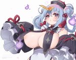  1girl aqua_hair aqua_pupils astral_party bare_shoulders braid braided_hair_rings breast_curtains breasts chami_lu cleavage commentary_request cross-shaped_pupils detached_sleeves double_bun fire frilled_sleeves frills from_below haiqing_(astral_party) hair_bun hair_ornament hair_rings hat highres huge_breasts jiangshi large_breasts looking_at_viewer nipples ofuda ofuda_on_head oppai_loli pink_eyes purple_fire qingdai_guanmao sideboob sidelocks simple_background sleeves_past_fingers sleeves_past_wrists solo symbol-shaped_pupils tassel tassel_hair_ornament white_background 