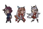  3girls animal_ears blunt_bangs blunt_ends boots chibi chibi_only commentary dress evil_grin evil_smile gloves gold_ship_(red_strife)_(umamusume) gold_ship_(umamusume) grey_hair grin ha4to highres horse_ears horse_girl horse_tail long_hair multiple_girls orange_eyes orange_hair purple_eyes red_dress red_shoes shoes short_hair simple_background smile still_in_love_(scarlet_vow_raiment)_(umamusume) still_in_love_(umamusume) tail tanino_gimlet_(embodiment_of_keravnos)_(umamusume) tanino_gimlet_(umamusume) tongue tongue_out umamusume veil white_background white_boots white_gloves white_veil 