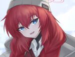  1girl :d beanie blue_archive blue_eyes braid brown_coat brown_hat coat collared_shirt commentary eyelashes grey_background hair_between_eyes halo hat head_tilt hood hooded_coat long_hair looking_at_viewer maki_(blue_archive) maki_(camp)_(blue_archive) official_alternate_costume open_mouth portrait red_hair red_halo red_sweater shirt smile solo sweater twin_braids white_background white_shirt wing_collar wrightia 