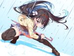  1girl black_hair black_thighhighs blush brown_shoes brown_vest closed_mouth collared_shirt commentary day dutch_angle fighting_stance floating_hair full_body grey_skirt hair_ornament hairband jacket kikka_academy_school_uniform leaning_forward legs loafers long_hair long_sleeves looking_at_viewer miniskirt necktie nijouin_hazuki open_clothes open_jacket outdoors panties plaid_clothes plaid_skirt pleated_skirt purple_eyes rain red_hairband red_necktie riddle_joker school_uniform serious shirt shoes skirt solo standing tassel tassel_hair_ornament thighhighs thighs tiptoes underwear upskirt very_long_hair vest water water_drop wet white_panties white_shirt yellow_jacket yokoshima_akunusu zettai_ryouiki 