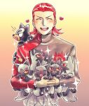  1boy animal animal_on_shoulder blush dazzling3ti gradient_background heart holding holding_animal houndour long_sleeves looking_at_another male_focus maxie_(pokemon) medium_hair open_mouth pokemon pokemon_(creature) pokemon_ruby/sapphire/emerald poochyena red_eyes red_hair smile sparkle tail tail_wagging team_magma team_magma_uniform teeth 