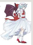  1girl ascot bat_wings blue_hair closed_mouth commentary_request dress from_side full_body hat hat_ribbon kanaria_(bcomn) lifting_own_clothes petticoat red_ascot red_eyes red_ribbon red_shoes remilia_scarlet ribbon shoes short_hair short_sleeves simple_background socks solo standing touhou white_background white_dress white_hat white_socks wings 