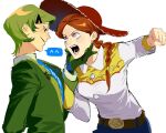  2girls animification belt blue_necktie braid brown_belt commentary cowboy_hat freckles gloves green_eyes green_gloves green_hair green_suit hair_ornament hand_on_another's_chin hat highres imminent_punch jessie_the_yodeling_cowgirl kugai697139 lilypad_(toy_story) multiple_girls necktie open_mouth orange_hair personification simple_background speech_bubble suit toy_story toy_story_5 white_background 