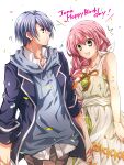  1boy 1girl blue_hair blue_hoodie commentary_request contemporary couple double-parted_bangs dress eiyuu_densetsu green_eyes hair_ornament happy_birthday hetero highres holding_hands hood hoodie juna_crawford kurt_vander long_hair open_mouth pink_hair satsuki_(chaosmode) sen_no_kiseki_(series) sen_no_kiseki_iii sen_no_kiseki_iv short_hair simple_background x_hair_ornament 