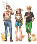  1girl 2boys absurdres aged_up bag blue_oak blue_shorts brown_eyes brown_hair closed_mouth commentary_request eevee green_pants green_shoes growlithe hair_flaps hand_in_pocket hand_on_headwear hat highres korean_commentary leaf_(pokemon) long_hair multiple_boys pants pikachu pokemon pokemon_sun_and_moon red_(pokemon) red_hat reference_inset sandals sangrokei shirt shoes shorts sidelocks smile spiked_hair standing strapless strapless_shirt sun_hat white_background white_shirt yellow_bag 