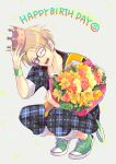  1boy adjusting_clothes adjusting_headwear blonde_hair blue-framed_eyewear bouquet commentary_request crown ensemble_stars! fingernails flower full_body gin_(oyoyo) glasses green_eyes happy_birthday highres holding holding_bouquet looking_at_viewer male_focus one_eye_closed open_mouth pants pants_rolled_up plaid_clothes plaid_pants shoelaces shoes short_hair smile sneakers solo squatting teeth wristband yuuki_makoto_(ensemble_stars!) 
