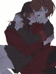  1boy 1girl aragaki_shinjirou armband arms_around_neck beanie black_jacket black_skirt blush bow bowtie brown_hair coat commentary_request couple feet_out_of_frame gekkoukan_high_school_uniform hair_ornament hairclip hat heads_together hetero highres hug jacket jottbeng korean_commentary long_sleeves nervous_sweating open_mouth parted_lips persona persona_3 persona_3_portable pleated_skirt red_armband red_bow red_bowtie red_coat s.e.e.s school_uniform shiomi_kotone skirt smile sweat white_background 