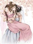  2girls aerith_gainsborough arms_around_neck blush braid bridal_veil brown_hair carrying closed_eyes commentary commission dress english_commentary falling_petals final_fantasy final_fantasy_vii final_fantasy_vii_remake flower hair_flower hair_ornament highres kiss long_hair multiple_girls outdoors petals pink_dress pink_flower princess_carry pudelmudel second-party_source single_braid tifa_lockhart veil white_background white_dress white_nails wife_and_wife yuri 
