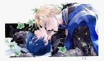  2boys adam's_apple armor black_armor black_gloves black_shirt blonde_hair blue_cape blue_hair border cape commentary_request curtained_hair dimitri_alexandre_blaiddyd fire_emblem fire_emblem:_three_houses from_side garreg_mach_monastery_uniform gauntlets gloves gorget holding_hands leaf licking licking_another's_neck long_sleeves looking_at_another lying lying_on_person male_byleth_(fire_emblem) male_focus multiple_boys omame153153 on_back open_mouth parted_lips pinned plant school_uniform shirt short_hair teeth tongue upper_teeth_only upturned_eyes white_background white_border yaoi 