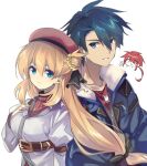  1boy 1girl agnes_claudel beret blonde_hair blue_coat blue_eyes braid braided_base braided_bun bun_with_braided_base coat collared_shrug commentary_request dog_tags eiyuu_densetsu enoki_nai hair_bun hair_slicked_back hat highres kuro_no_kiseki_(series) kuro_no_kiseki_i long_hair looking_at_viewer low-tied_long_hair multicolored_hair red_hat ribbed_sweater shrug_(clothing) smile sweater two-tone_hair van_arkride white_background 