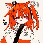  1girl a.i._voice adachi_rei animal_ears blush_stickers cat_ears cat_girl closed_mouth commentary_request fang fang_out hand_up highres jacket kemonomimi_mode looking_at_viewer nasi_(na_si) open_clothes open_jacket orange_eyes orange_hair solo utau white_jacket 