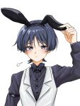  1boy adjusting_clothes adjusting_headwear alternate_costume animal_ear_hairband animal_ears arm_at_side arm_strap black_bow black_bowtie black_hairband black_shirt black_sleeves blunt_ends bow bowtie bunny_day closed_mouth collared_shirt commentary_request contemporary eyeliner fake_animal_ears formal_clothes genshin_impact grey_hair grey_pupils hair_intakes hairband hand_up highres lapels long_sleeves makeup male_focus notched_lapels popped_collar portrait puff_of_air purinigax purple_eyes rabbit_ears red_eyeliner scaramouche_(genshin_impact) shirt solo straight-on traditional_bowtie tsurime v-neck vest white_background white_vest wispy_bangs 