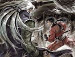  1boy 1girl artist_name bag bakumatsu_rouman bakumatsu_rouman_dainimaku battle battoujutsu_stance bird black_hair blank_stare commentary_request dark-skinned_male dark_skin empty_eyes fighting_game fighting_stance fingerless_gloves forest from_behind gloves grey_hair hakama hakama_skirt highres holding holding_sword holding_weapon japanese_clothes katana kimono left-handed long_hair looking_at_another lying moon nature night okm181 on_back outdoors owl ponytail ready_to_draw red_hakama revenge serious setsuna_(bakumatsu_rouman) sheath sheathed sidelocks skirt snk split_ponytail standing sword takane_hibiki twintails unsheathing upper_body weapon wheat_field white_hair 