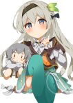  1girl absurdres amami_akari black_hairband black_jacket blue_pupils blush caelus_(honkai:_star_rail) character_doll collared_shirt commentary_request cropped_jacket doll firefly_(honkai:_star_rail) frills green_thighhighs grey_hair hair_between_eyes hair_ornament hairband highres holding holding_doll honkai:_star_rail honkai_(series) jacket long_hair long_sleeves looking_at_viewer multicolored_eyes neckerchief orange_neckerchief shirt simple_background sitting skirt solo thighhighs trailblazer_(honkai:_star_rail) two-tone_eyes white_background white_shirt 