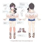  1girl ahoge arrow_(symbol) artist_name bare_shoulders bow braid breasts buttons cleavage closed_mouth collarbone commentary_request copyright_notice cross-laced_clothes cross-laced_top denim denim_shorts frog from_behind full_body gradient_clothes hair_ornament hair_ribbon hairclip highres indie_virtual_youtuber irosaki_akane irosaki_akane_(4th_costume) levka long_hair looking_at_viewer medium_breasts multiple_hairclips multiple_views navel notice_lines off_shoulder official_art open_hands puffy_sleeves purple_eyes reference_sheet ribbon sandals second-party_source shirt shoes short_shorts shorts side_ponytail simple_background smile sparkle sparkle_hair_ornament standing straight-on thigh_strap web_address white_background 