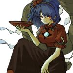  1girl ame_iru blue_hair blush brown_skirt commentary_request cup feet_out_of_frame hair_ornament highres holding holding_cup knee_up leaf_hair_ornament mirror puffy_short_sleeves puffy_sleeves red_eyes red_shirt rope rope_necklace sakazuki shide shimenawa shirt short_sleeves sitting sketch skirt slit_pupils smile solo touhou watermark white_background yasaka_kanako 