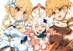  1boy 2girls :d absurdres aether_(genshin_impact) amami_akari blonde_hair blush breasts brown_shirt cape cleavage closed_eyes commentary_request dress floating flower genshin_impact gloves hair_between_eyes hair_flower hair_ornament halo highres long_hair long_sleeves looking_at_another lumine_(genshin_impact) medium_breasts multiple_girls open_mouth paimon_(genshin_impact) romper scarf shirt short_hair short_hair_with_long_locks siblings sidelocks smile teeth upper_teeth_only white_background white_dress white_hair white_romper white_scarf yellow_eyes 