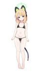  1girl :t absurdres animal_ear_headphones animal_ears bikini black_bikini blonde_hair blue_archive blush bow cat_ear_headphones cat_ears cat_tail commentary_request fake_animal_ears fake_tail flat_chest green_bow green_eyes green_halo hair_bow halo headphones highres korean_commentary looking_at_viewer low-tied_sidelocks micro_bikini midori_(blue_archive) navel poorunii short_hair sidelocks solo stomach string_bikini swimsuit tail 