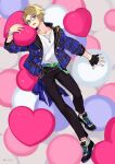  1boy belt belt_buckle black_gloves black_pants blonde_hair blue-framed_eyewear blue_belt blue_jacket bracelet buckle buttons chain collarbone commentary_request ensemble_stars! fingerless_gloves fingernails from_above full_body gin_(oyoyo) glasses gloves green_belt green_eyes grey_background hand_up heart heart-shaped_pillow highres jacket jewelry lapels long_sleeves looking_at_viewer lying male_focus necklace on_back open_clothes open_jacket open_mouth pants parted_bangs pillow plaid_clothes plaid_jacket shirt shirt_tucked_in shoelaces shoes short_hair single_fingerless_glove single_glove smile sneakers solo star_(symbol) teeth twitter_username upper_teeth_only white_shirt yuuki_makoto_(ensemble_stars!) 